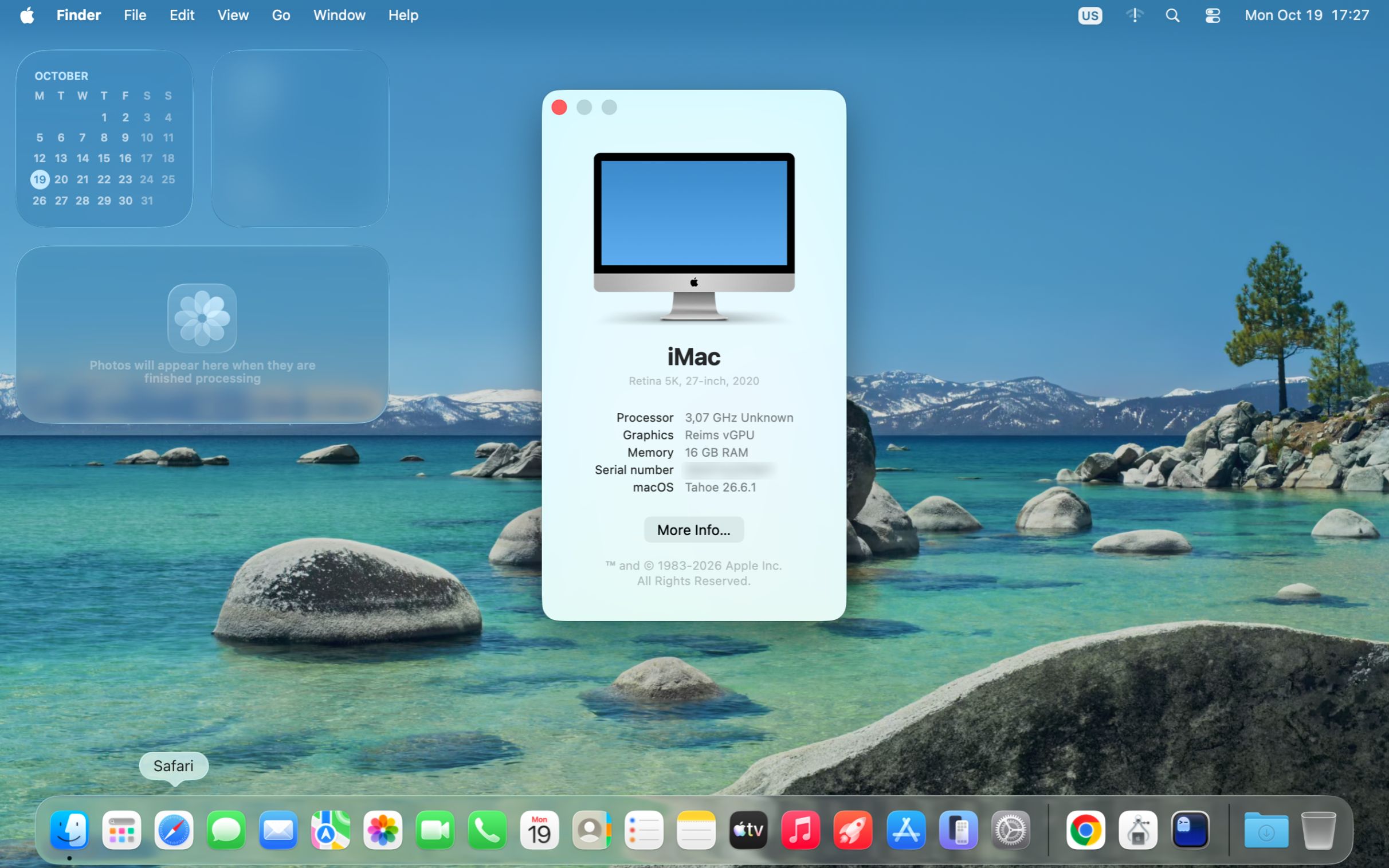 A macOS 26 Tahoe desktop running as a guest, its About This Mac window listing Reims vGPU as the graphics