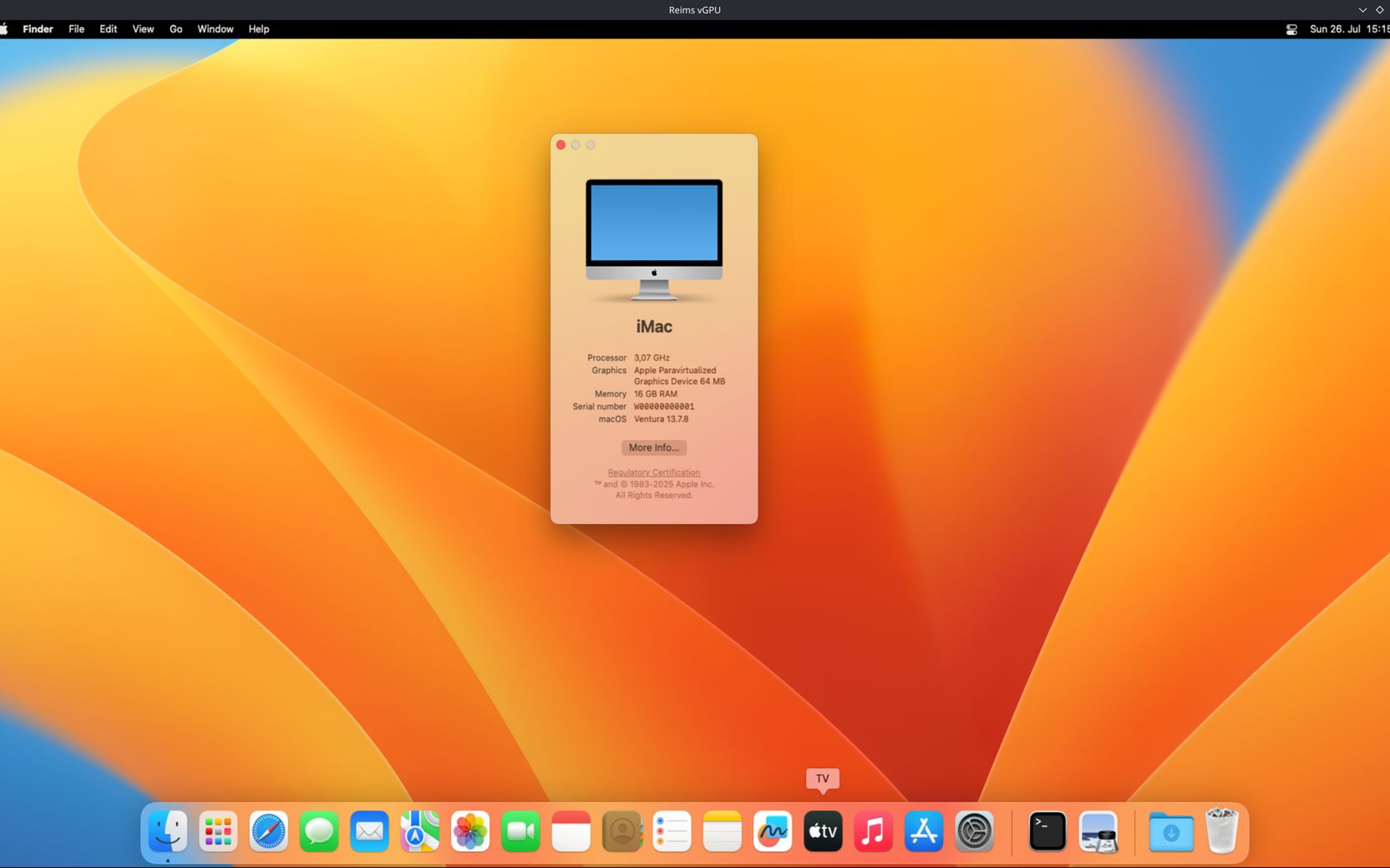 x86_64 macOS 13 Ventura desktop running as a guest on a Linux host