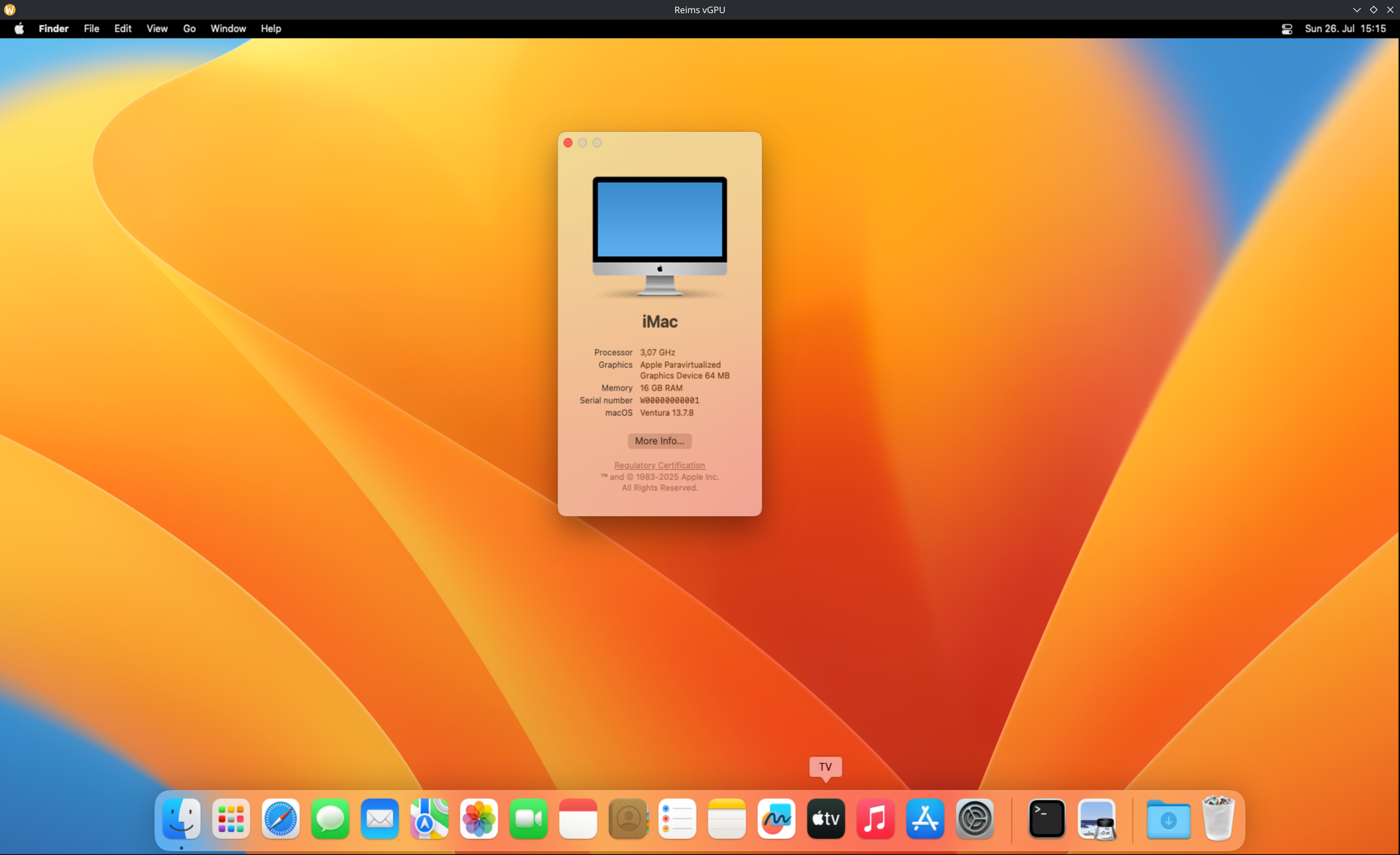 x86_64 macOS 13 Ventura desktop running as a guest on a Linux host